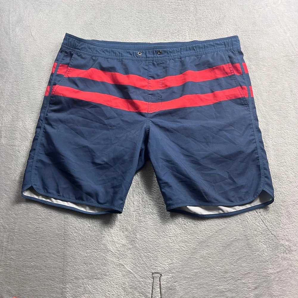Fair Harbor Mens‎ Navy Blue Red Striped Swim Trunks Board Shorts Size Medium